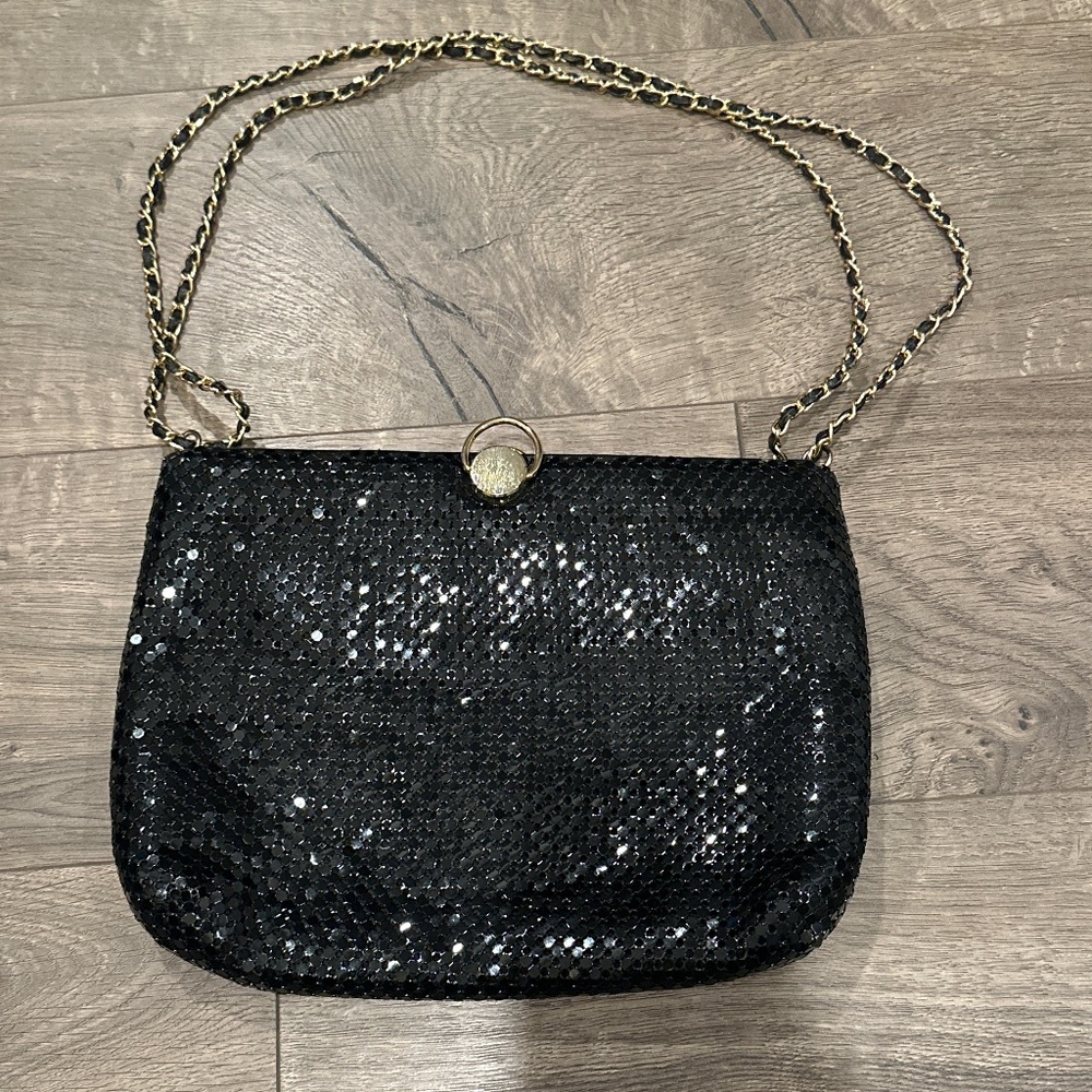 Vintage Black Sequin Evening Bag with Gold Chain Strap
